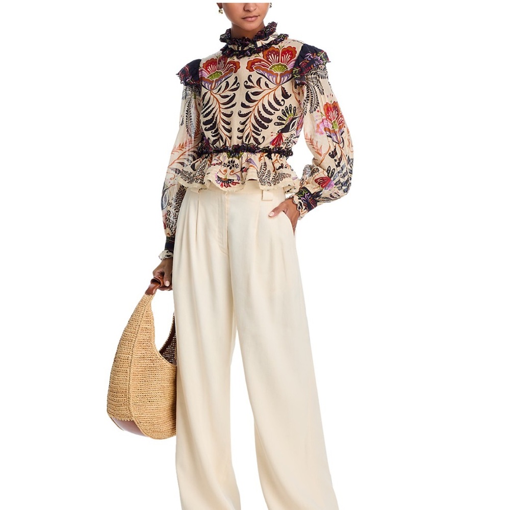 FARM RIO Classic Nature Sand Ruffled Long Sleeve Blouse Size M NWT - Picture 2 of 11